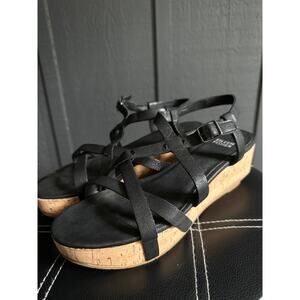Eileen Fisher Array Black Strappy Cork Wedge Platform Sandals Size 8